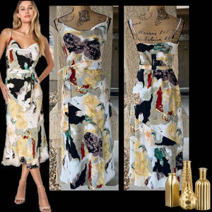Lulus Inspired Aura White Multi Abstract Print Cowl Midi Dress Size M